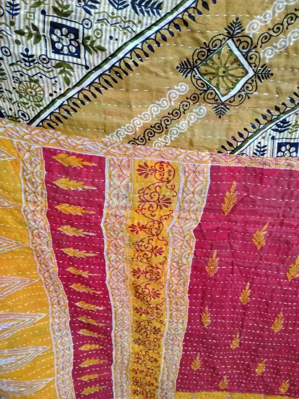 Kantha Quilt Tangerine Gray Red Marigold Premium 3 Layer Cotton New K192.